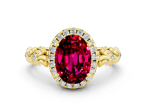 Yellow gold Oval Cut Halo Diamond Solitaire with Filigree Band and Four-Prong Setting