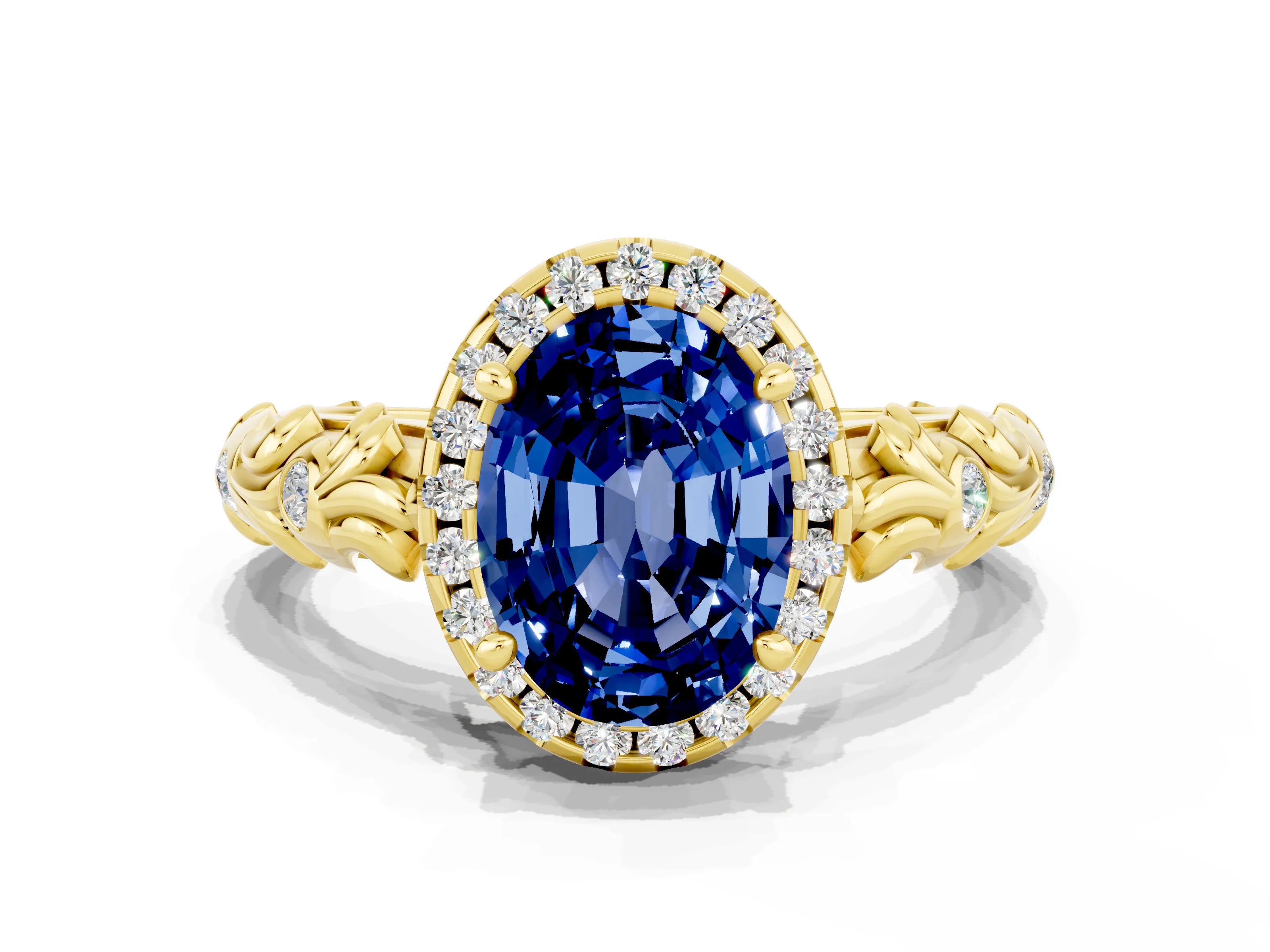 Yellow gold Oval Cut Halo Diamond Solitaire with Filigree Band and Four-Prong Setting