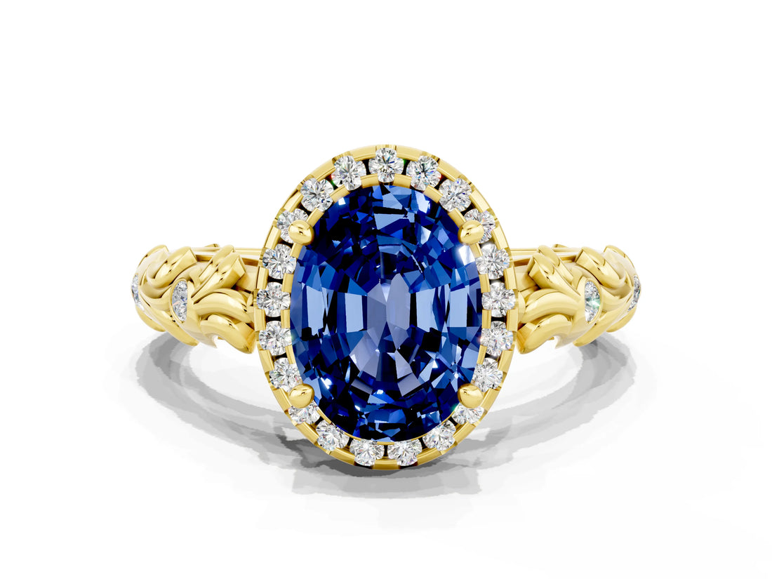 Yellow gold Oval Cut Halo Diamond Solitaire with Filigree Band and Four-Prong Setting