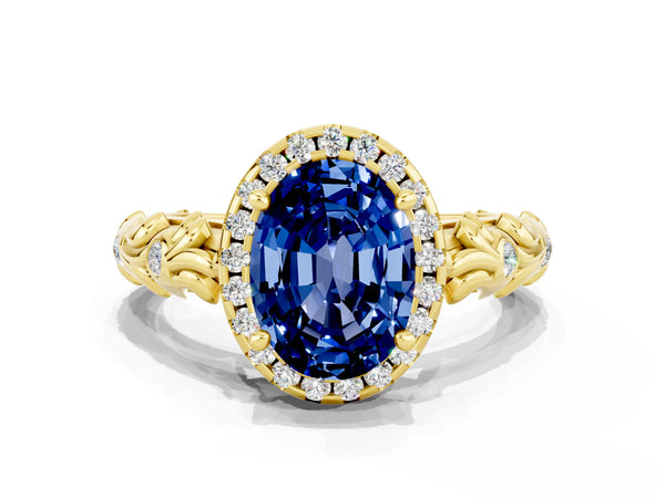 Yellow gold Oval Cut Blue Sapphire Halo Ring with Filigree Band and Prong Setting