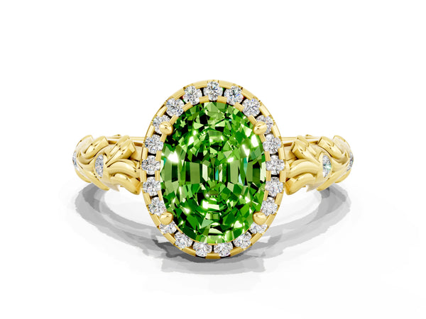 Yellow gold Oval Cut Peridot Halo Ring with Filigree Band and Prong Setting