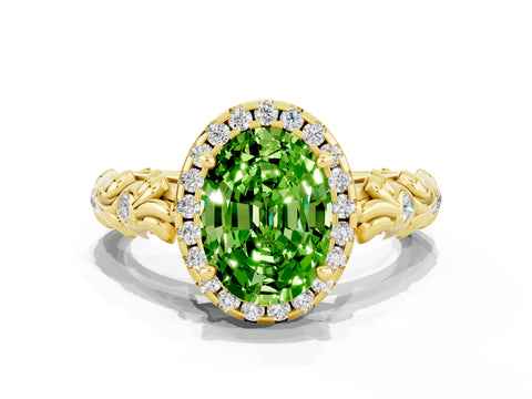 Yellow gold Oval Cut Halo Diamond Solitaire with Filigree Band and Four-Prong Setting