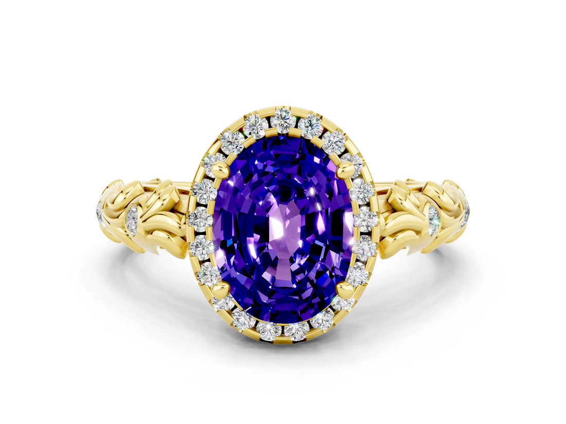 Yellow gold Oval Cut Halo Diamond Solitaire with Filigree Band and Four-Prong Setting