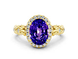 Yellow gold Oval Cut Halo Diamond Solitaire with Filigree Band and Four-Prong Setting