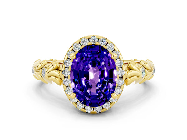 Yellow gold Oval Cut Tanzanite Halo Ring with Filigree Band and Prong Setting