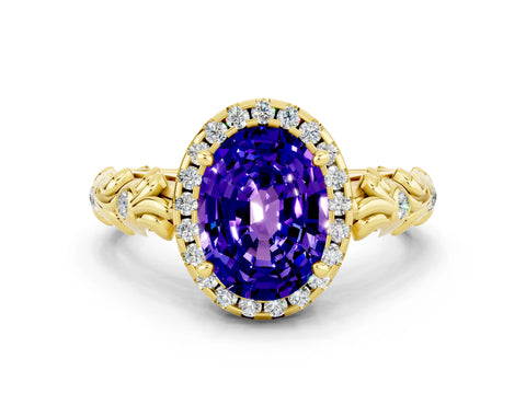 Yellow gold Oval Cut Halo Diamond Solitaire with Filigree Band and Four-Prong Setting