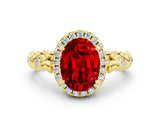 Yellow gold Oval Cut Halo Diamond Solitaire with Filigree Band and Four-Prong Setting