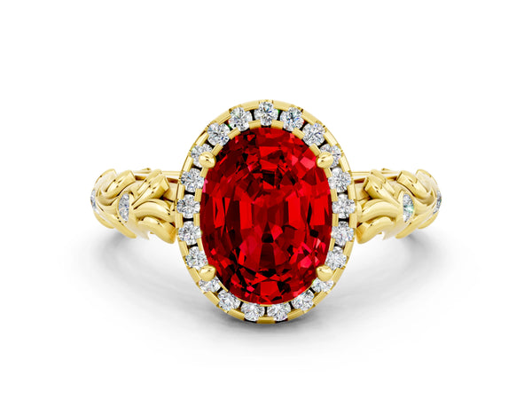 Yellow gold Oval Cut Ruby Halo Ring with Filigree Band and Prong Setting