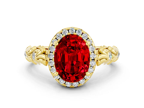 Yellow gold Oval Cut Halo Diamond Solitaire with Filigree Band and Four-Prong Setting