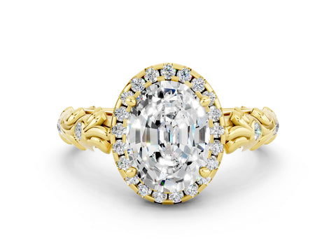 Yellow gold Oval Cut Halo Diamond Solitaire with Filigree Band and Four-Prong Setting
