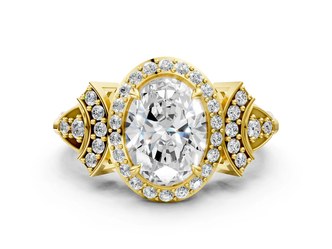 Yellow gold Oval Cut Halo Diamond Split Shank Engagement Ring with Four-Prong Setting_13