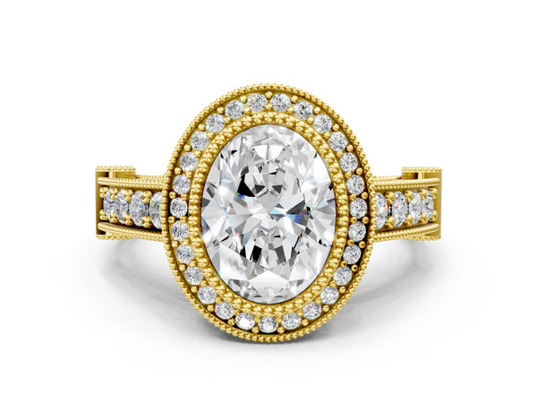 Yellow Gold Oval Vintage Bezel Halo Engagement Ring Setting
