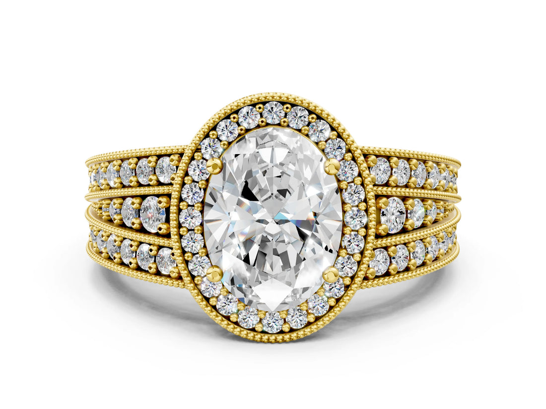 Yellow gold Oval Cut Halo Diamond Split Shank Ring with Prong Setting_3