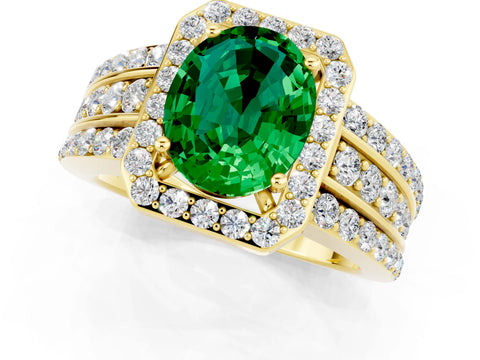 Yellow gold Oval Cut Halo Emerald Ring with Split Shank and Four-Prong Setting_1