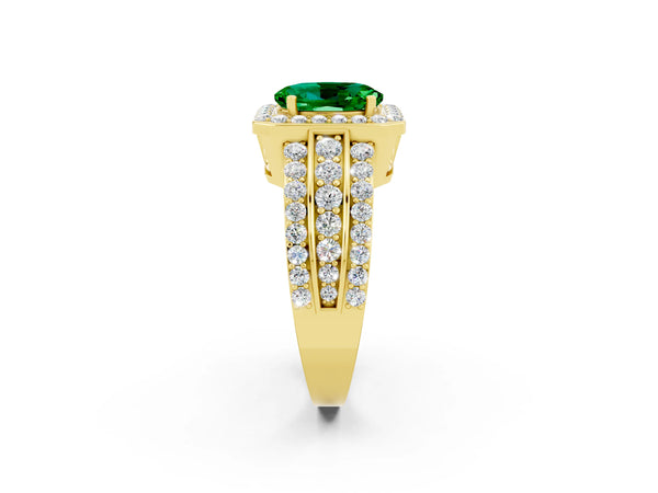 Yellow gold Oval Cut Halo Emerald Ring with Round  Split Shank and Prong Setting