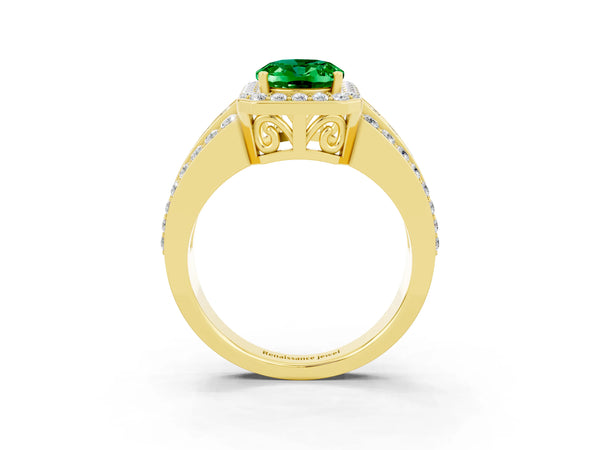 Yellow gold Oval Cut Halo Emerald Ring with Round  Split Shank and Prong Setting