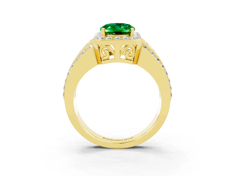 Yellow gold Oval Cut Halo Emerald Ring with Split Shank and Four-Prong Setting_3