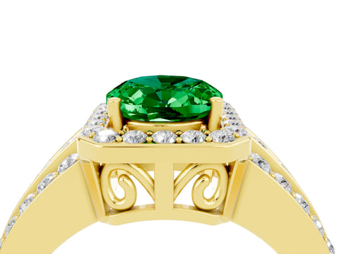Yellow gold Oval Cut Halo Emerald Ring with Split Shank and Four-Prong Setting_4