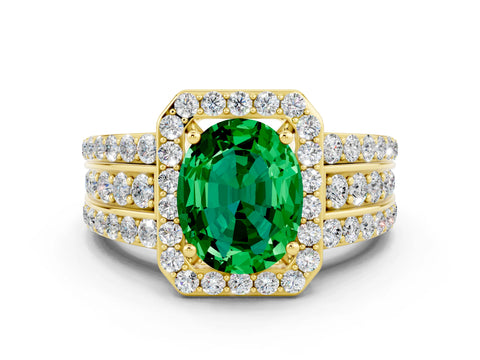 Yellow gold Oval Cut Halo Emerald Ring with Split Shank and Four-Prong Setting