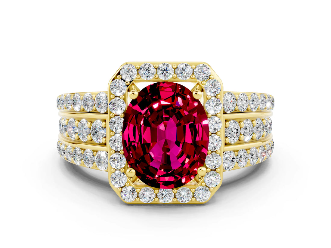 Yellow gold Oval Cut Halo Garnet Ring with Split Shank and Four-Prong Setting