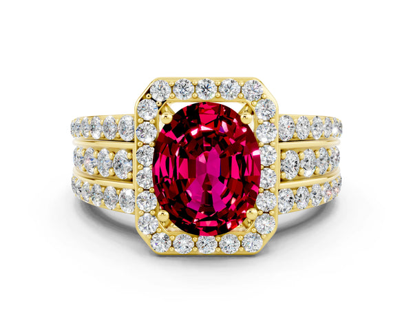 Yellow gold Oval Cut Halo Garnet Ring with Round  Split Shank and Prong Setting