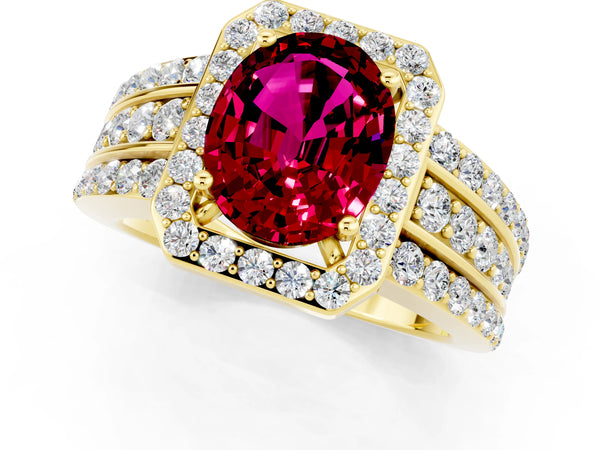 Yellow gold Oval Cut Halo Garnet Ring with Round  Split Shank and Prong Setting