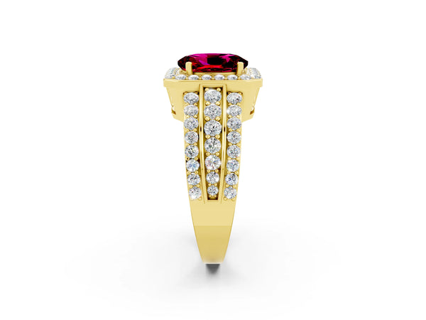 Yellow gold Oval Cut Halo Garnet Ring with Round  Split Shank and Prong Setting