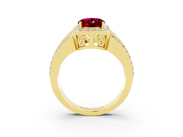 Yellow gold Oval Cut Halo Garnet Ring with Round  Split Shank and Prong Setting