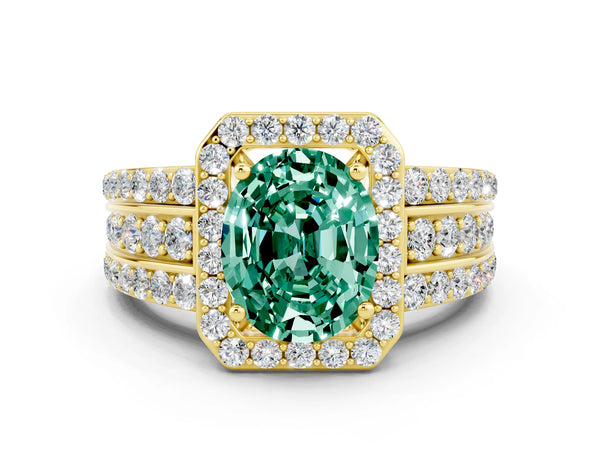 Yellow gold Oval Cut Halo Green Sapphire Ring with Round  Split Shank and Prong Setting