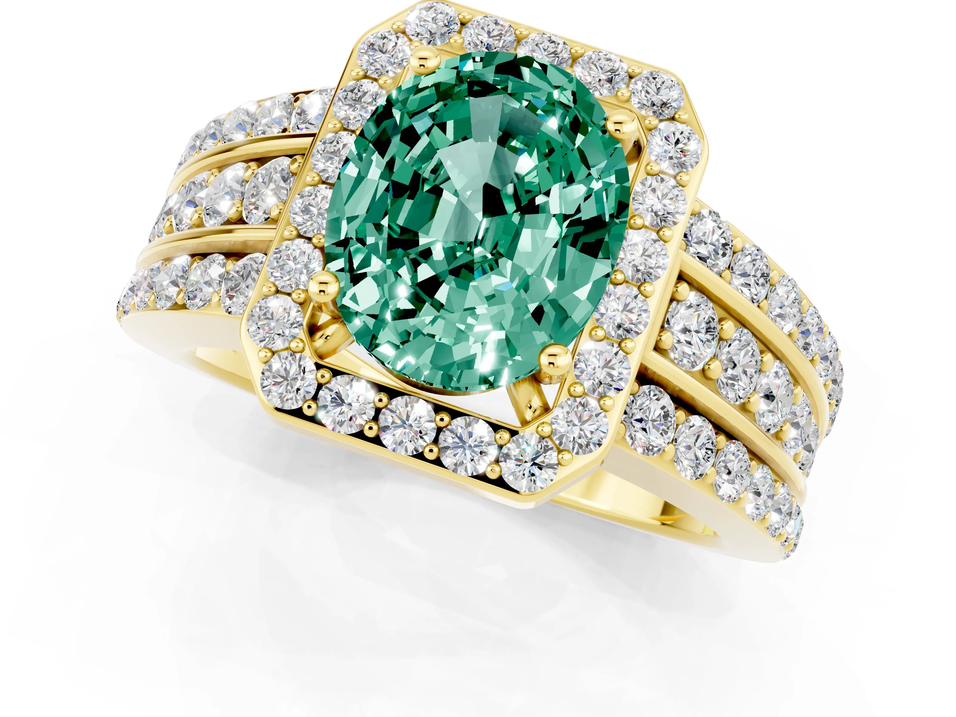 Yellow gold Oval Cut Halo Green Sapphire Ring with Split Shank and Four-Prong Setting_1