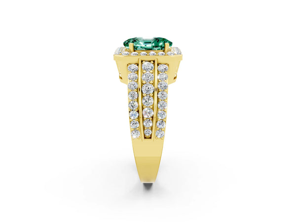 Yellow gold Oval Cut Halo Green Sapphire Ring with Round  Split Shank and Prong Setting