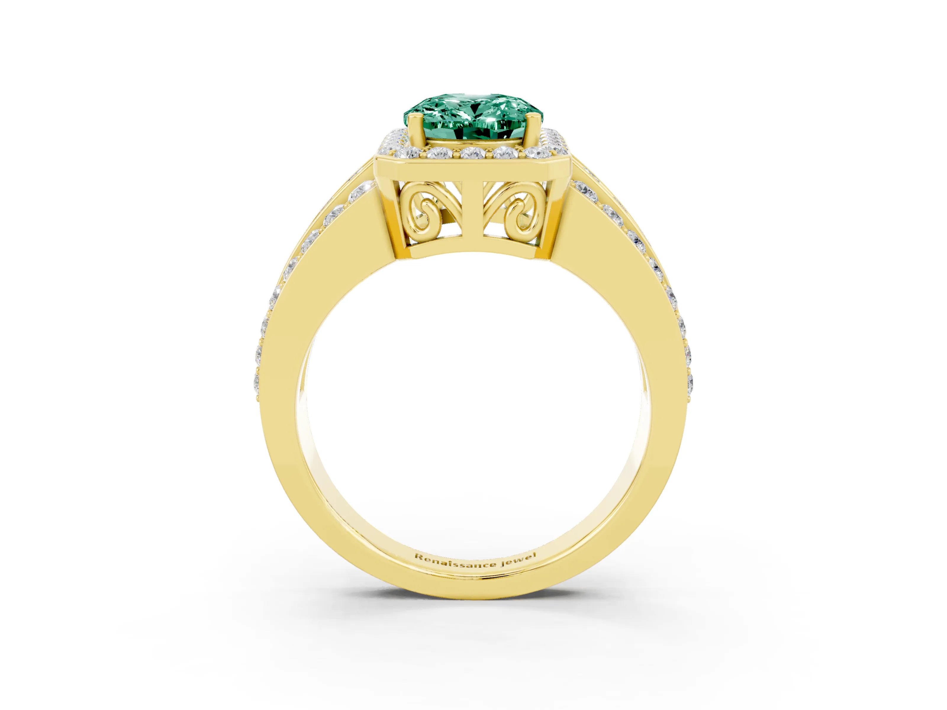 Yellow gold Oval Cut Halo Green Sapphire Ring with Split Shank and Four-Prong Setting_3