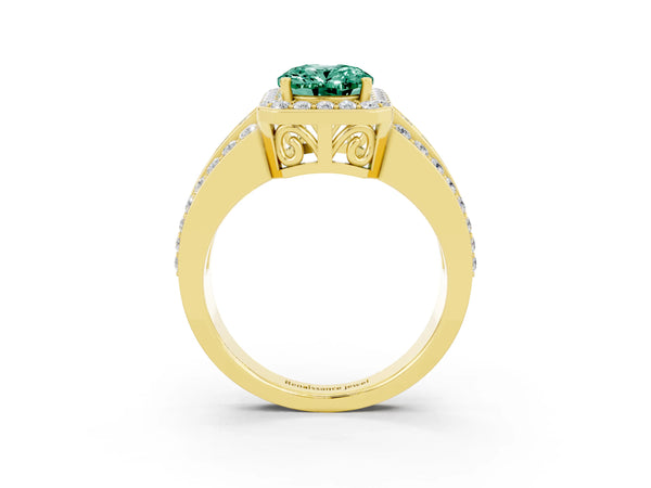 Yellow gold Oval Cut Halo Green Sapphire Ring with Round  Split Shank and Prong Setting