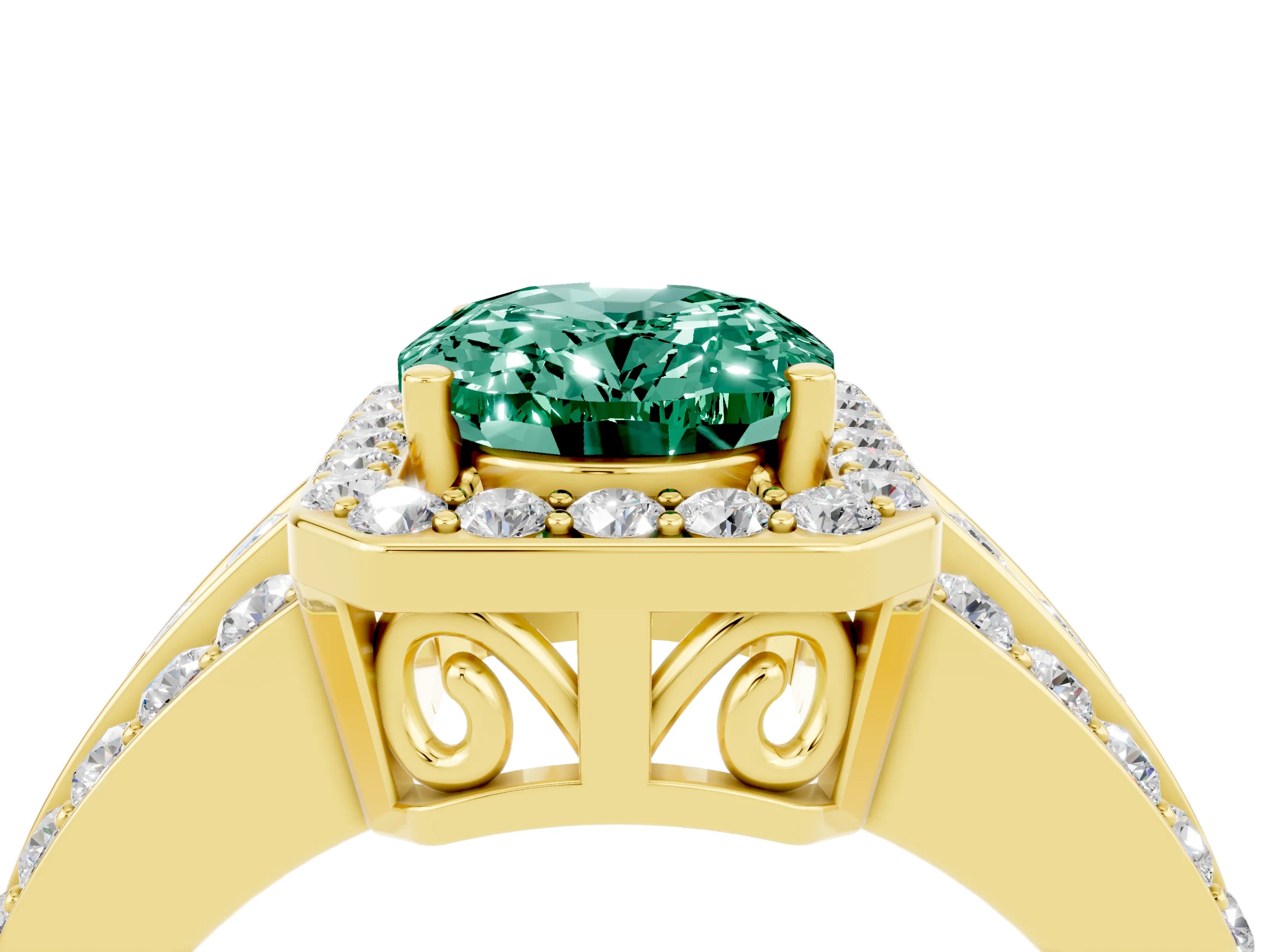 Yellow gold Oval Cut Halo Green Sapphire Ring with Split Shank and Four-Prong Setting_4