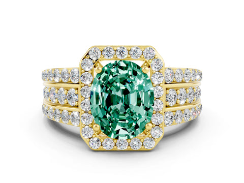 Yellow gold Oval Cut Halo Green Sapphire Ring with Split Shank and Four-Prong Setting