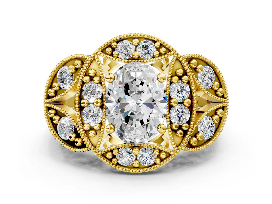 Yellow gold Oval Cut Halo Milgrain Diamond Engagement Ring with Leaf Band and Four-Prong Setting_3