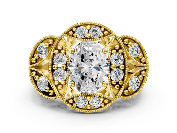 Yellow gold Oval Cut Halo Milgrain Diamond Engagement Ring with Leaf Band and Four-Prong Setting