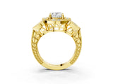 Yellow gold Oval Cut Halo Milgrain Diamond Engagement Ring with Leaf Band and Four-Prong Setting_6