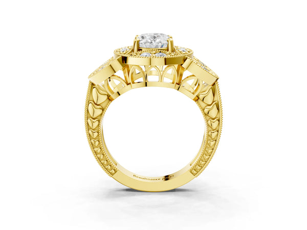 Yellow gold Oval Cut Halo Milgrain Diamond Engagement Ring with Leaf Band and Four-Prong Setting