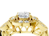 Yellow gold Oval Cut Halo Milgrain Diamond Engagement Ring with Leaf Band and Four-Prong Setting_7