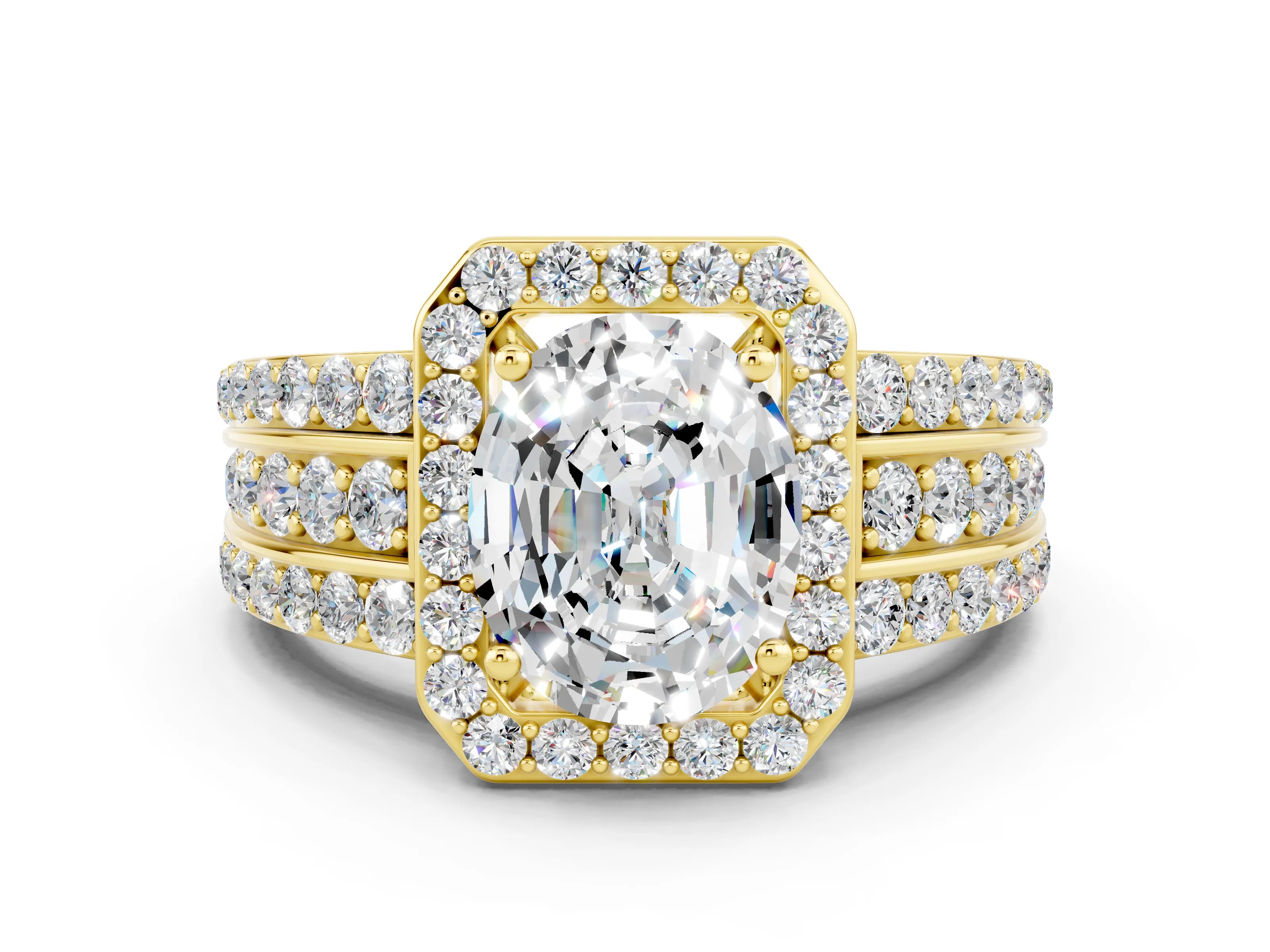 Yellow gold Oval Cut Halo Moissanite Ring with Split Shank and Four-Prong Setting