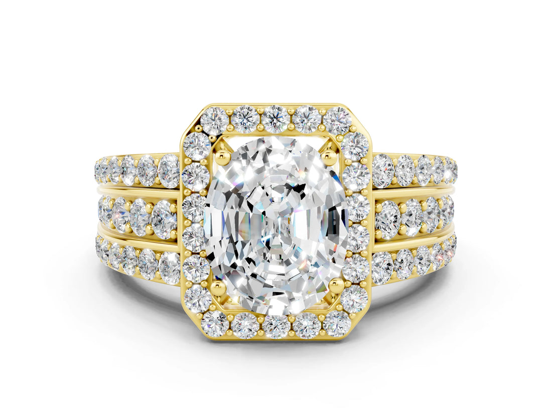 Yellow gold Oval Cut Halo Moissanite Ring with Split Shank and Four-Prong Setting
