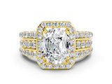 Yellow gold Oval Cut Halo Moissanite Ring with Split Shank and Four-Prong Setting