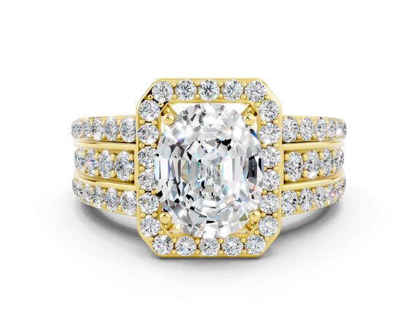 Yellow gold Oval Cut Halo Moissanite Ring with Round  Split Shank and Prong Setting
