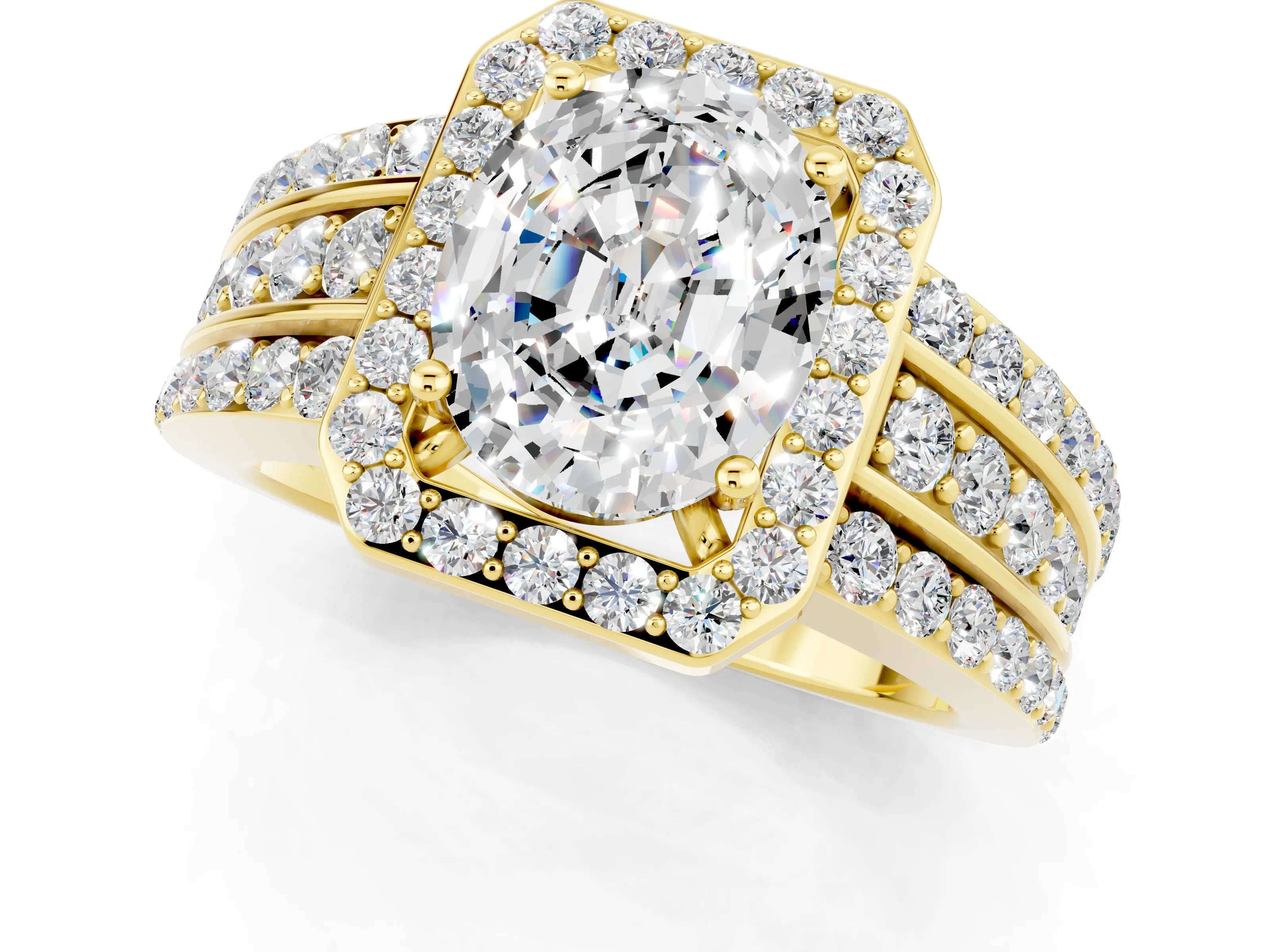 Yellow gold Oval Cut Halo Moissanite Ring with Split Shank and Four-Prong Setting_1
