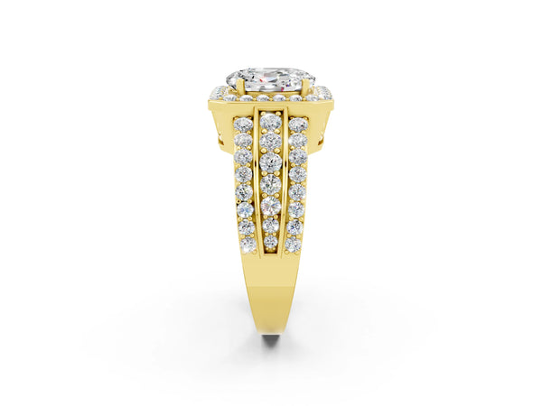 Yellow gold Oval Cut Halo Moissanite Ring with Round  Split Shank and Prong Setting