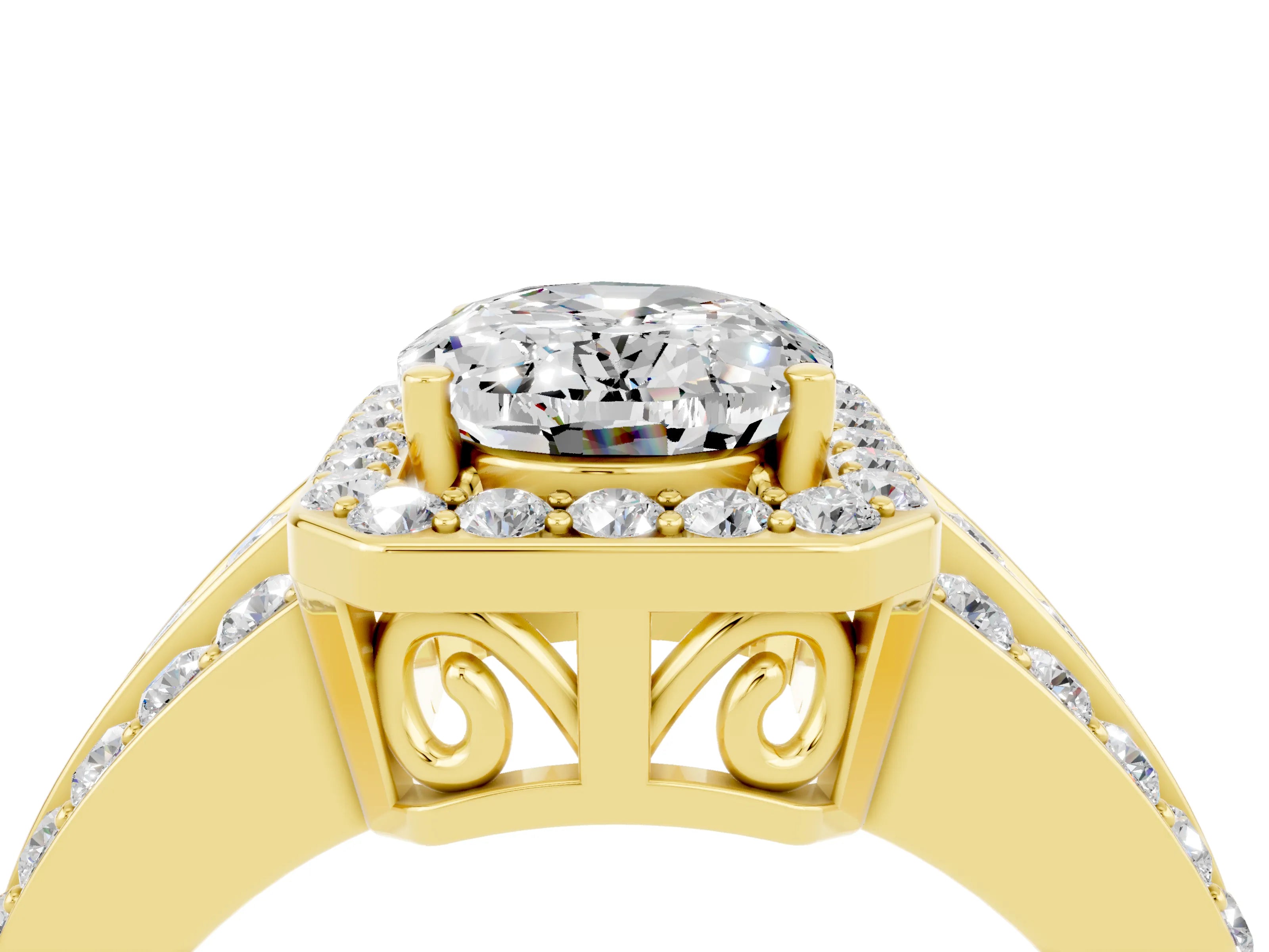 Yellow gold Oval Cut Halo Moissanite Ring with Split Shank and Four-Prong Setting_4