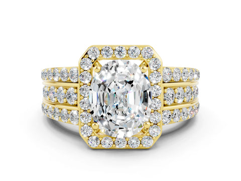 Yellow gold Oval Cut Halo Moissanite Ring with Split Shank and Four-Prong Setting