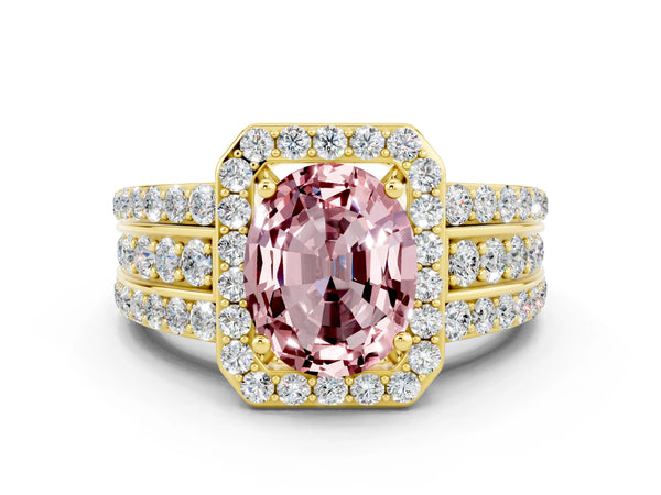 Yellow gold Oval Cut Halo Morganite Ring with Round  Split Shank and Prong Setting