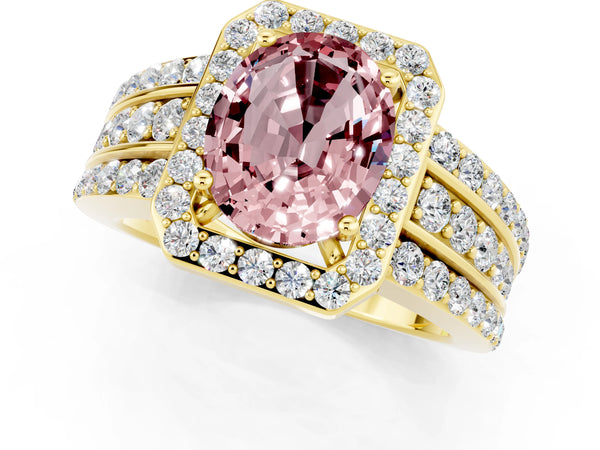 Yellow gold Oval Cut Halo Morganite Ring with Round  Split Shank and Prong Setting